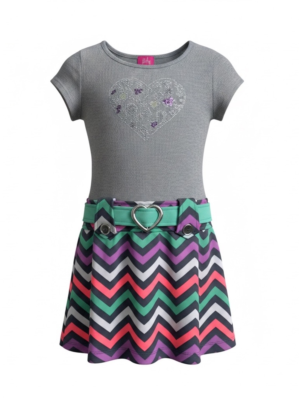 Pinky Gray Top Chevron Skater Dress with Mint Belt